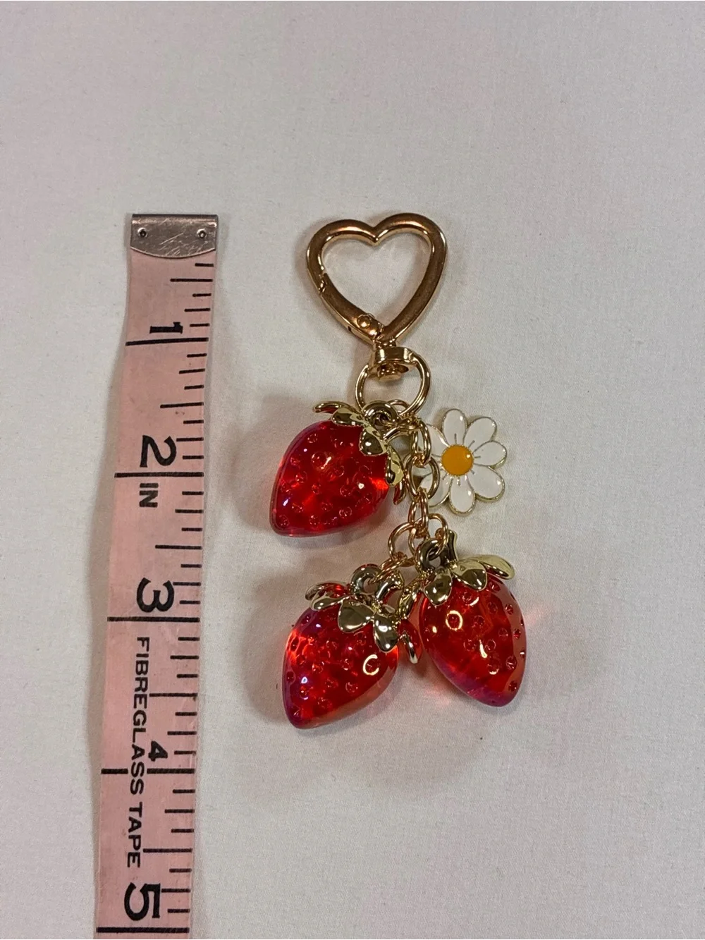 Strawberry Charm Keychain with Daisy Accent - Red & Gold